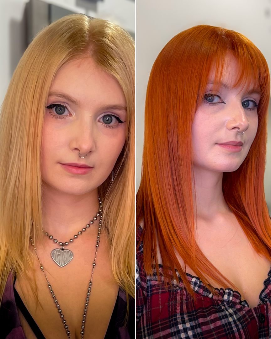 Antes y después de un cambio de color de rubio a cobrizo